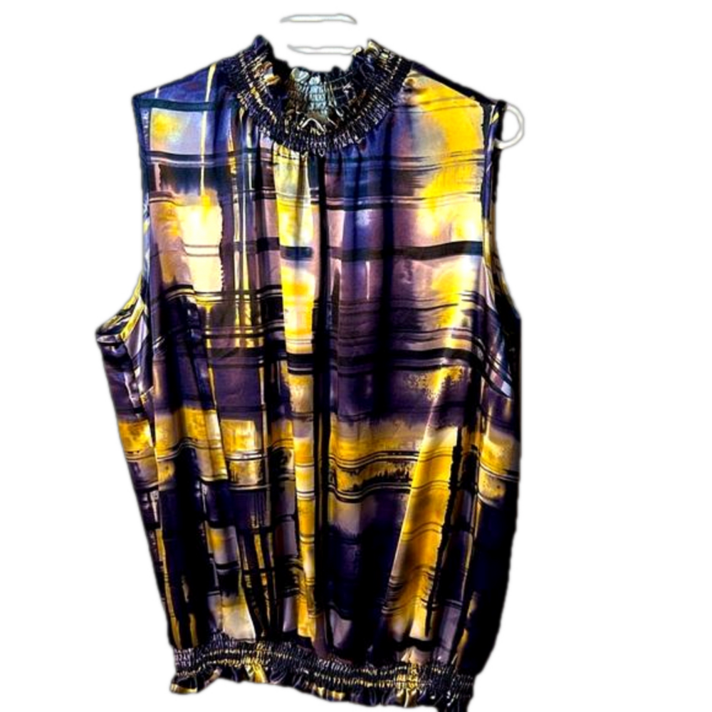 Laura Plus Size 22 Purple Gold Plaid Sleeveless Satin Blouse - Picture 2 of 5
